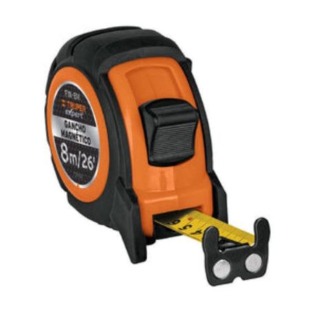 Truper 8M tape measure with 25mm thick blade, magnetic tip, durable ABS shell, ideal for precision measuring tasks.