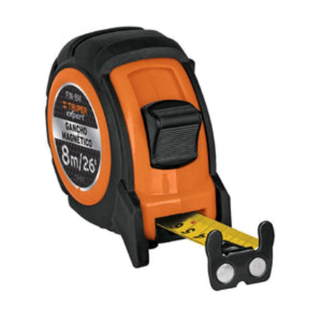 Truper 8M tape measure with 25mm thick blade, magnetic tip, durable ABS shell, ideal for precision measuring tasks.