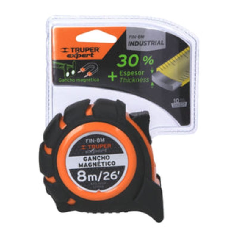 Truper 8M tape measure with 25mm thick magnetic tip blade for durable and precise measurements, ideal for professionals and DIYers.