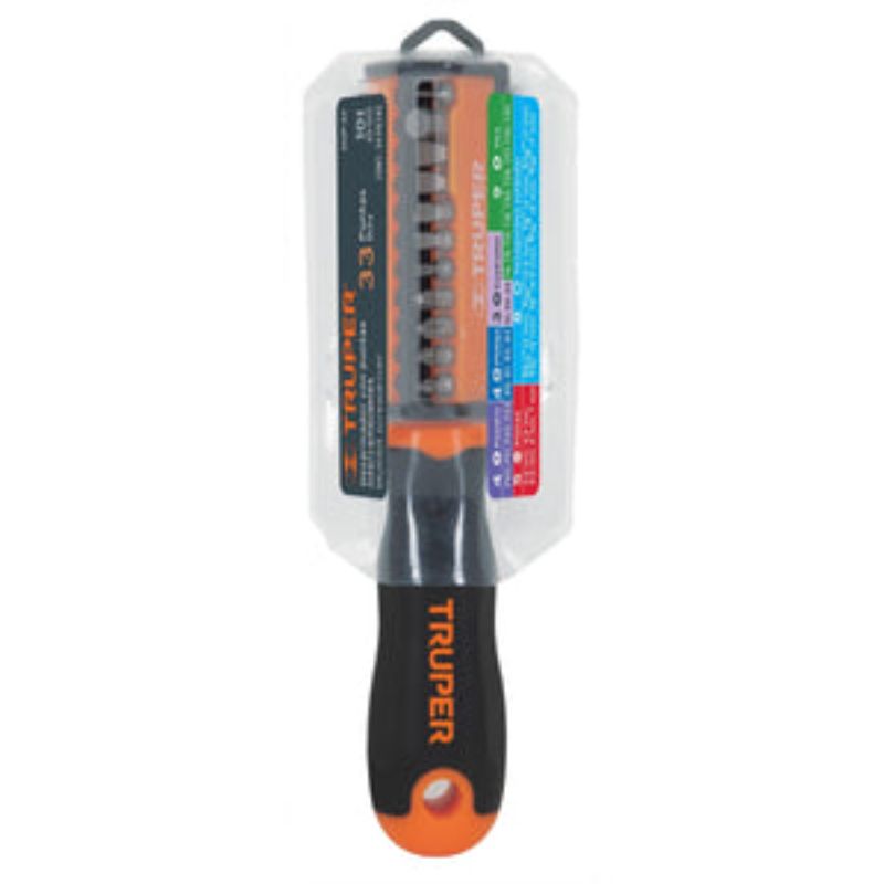 Versatile 33-bit screwdriver set by Truper, featuring flat, Phillips, square, Torx, Pozidriv, and hex tips for various tasks.