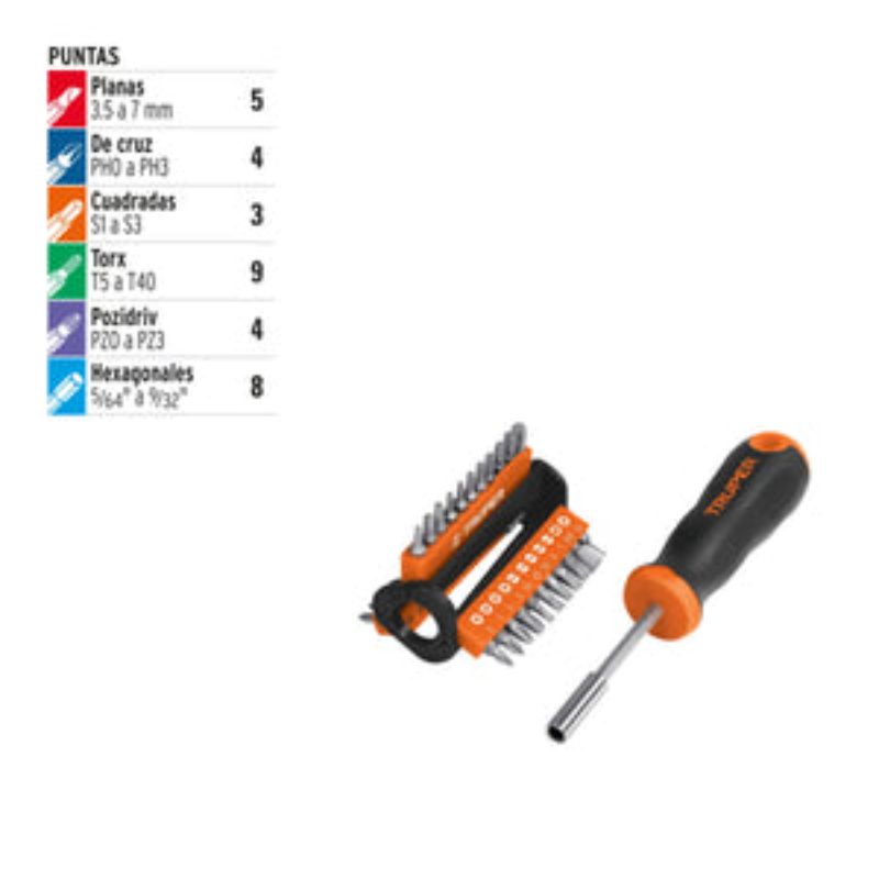 Versatile 33-bit screwdriver set with flat, Phillips, square, Torx, Pozidriv, and hex bits for all fastening needs.