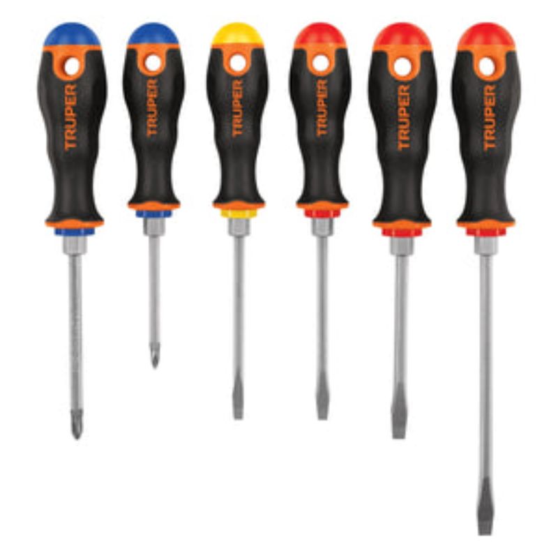 6-piece Truper screwdriver set featuring chrome vanadium steel and ergonomic comfort grip handles for durability and efficiency.