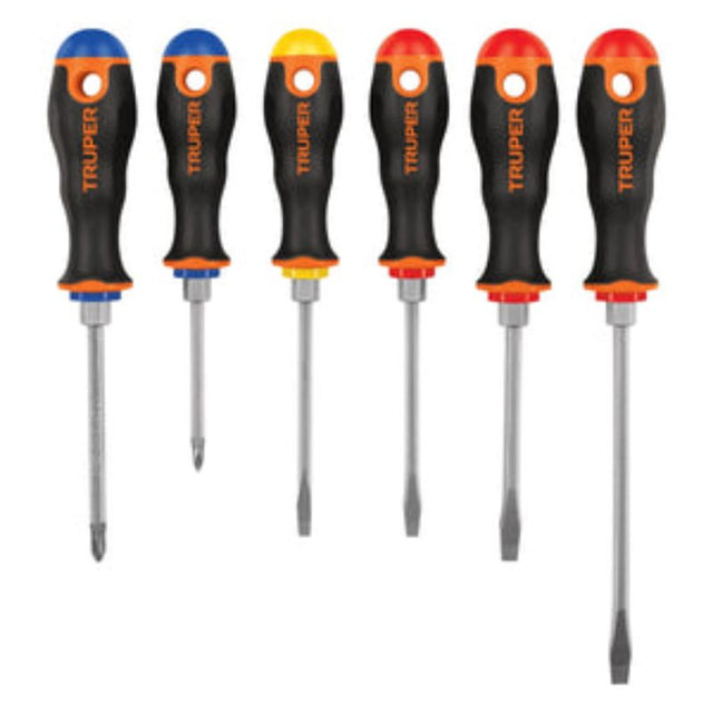6-piece Truper screwdriver set featuring chrome vanadium steel and ergonomic comfort grip handles for durability and efficiency.