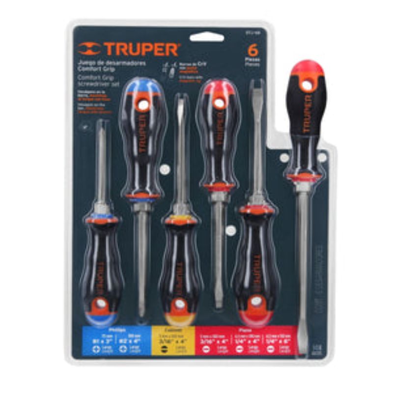 6-piece Truper screwdriver set featuring chrome vanadium steel durability and ergonomic handles for comfort and grip.
