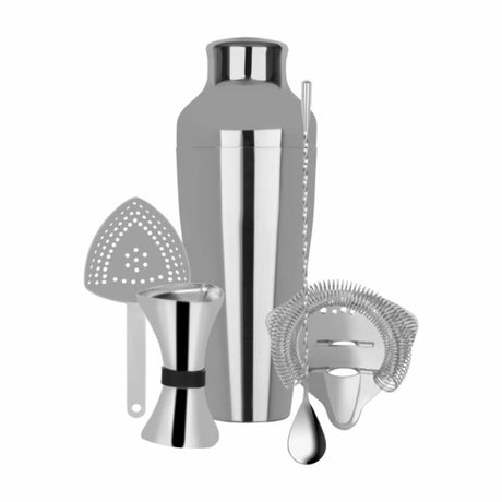 5-piece Zanzi Cocktail Set in stainless steel includes shaker, jigger, strainer, tongs, and stirring spoon for perfect drinks.