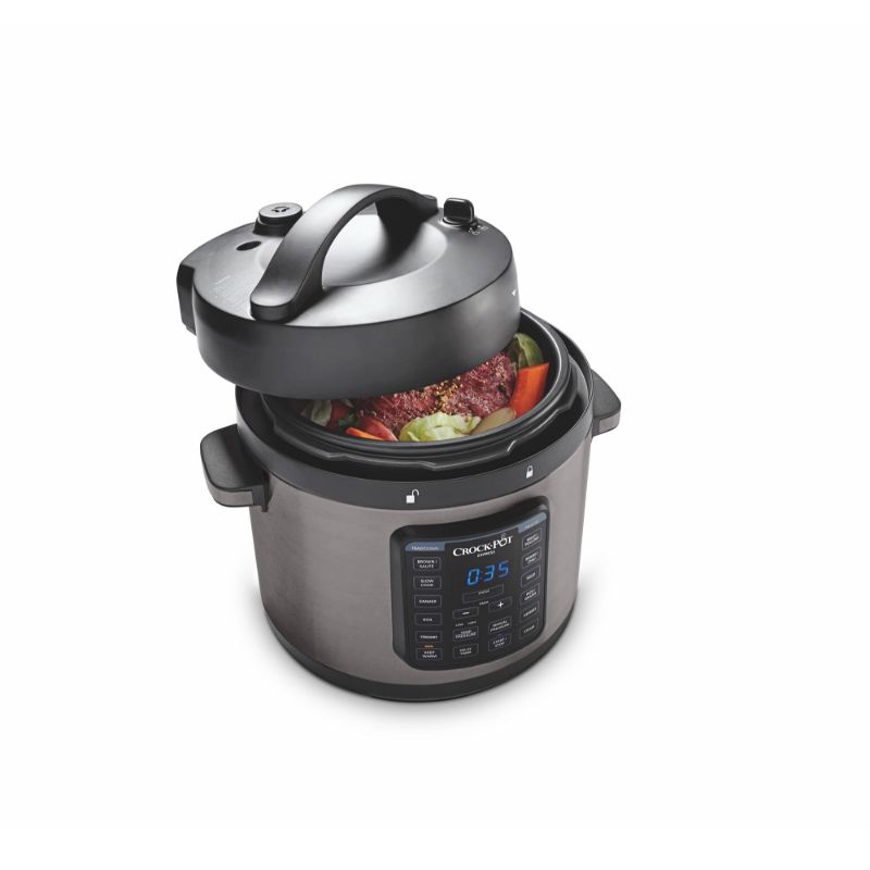 Sunbeam Crock Pot Multi Cooker, 5.7L, 8-in-1 functionality, easy release steam dial, 13 cooking programs, dishwasher-safe pot.