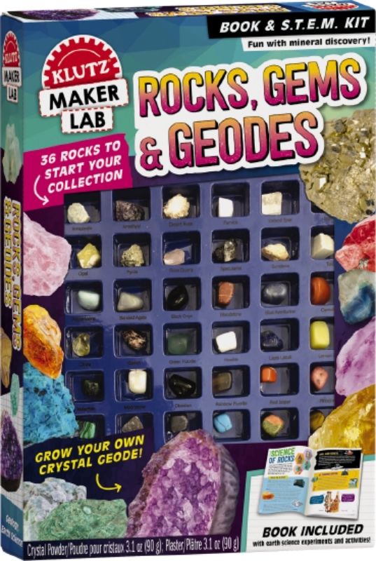 Hands-on geology kit for kids featuring colorful rocks, gems, and geodes to explore and learn about earth science.