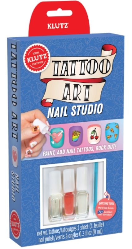 A novelty book featuring three retro nail polishes and over 70 custom nail tattoos for creative nail art designs.