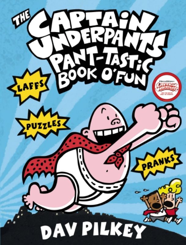 Hardback activity book with colorful illustrations, jokes, puzzles, and comic creation featuring Captain Underpants.