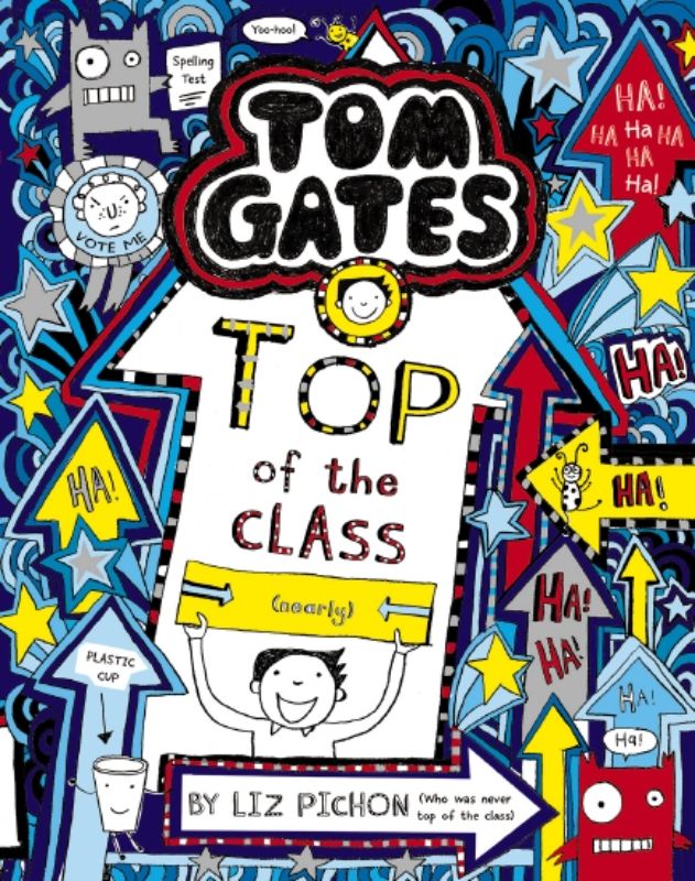 Tom Gates #9 book cover featuring whimsical doodles and humorous school life illustrations for young readers.