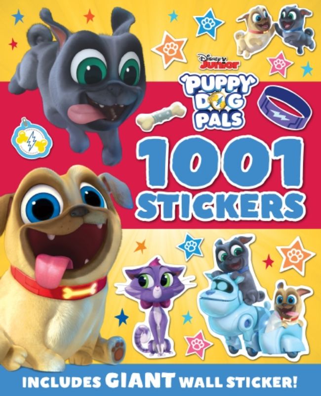 Colorful Disney Puppy Dog Pals sticker book with 1001 stickers, puzzles, and activities featuring Bingo and Rolly.