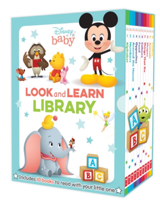 Disney Baby Look and Learn Library: 10 illustrated books featuring beloved characters, introducing early learning concepts for toddlers.