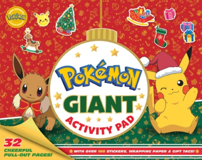 Giant Pokémon activity pad with puzzles, coloring, crafts, stickers, and a carry handle for holiday fun.