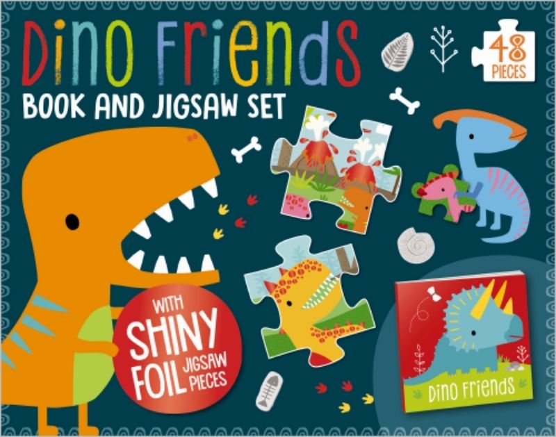 Dino Friends Book and 48-piece jigsaw puzzle for kids, featuring engaging illustrations and touch-and-feel elements.