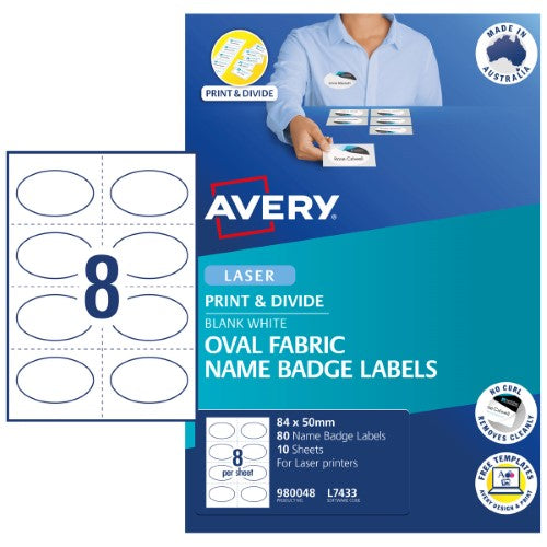 Avery Oval Fabric Name Badge Labels 84x50 mm 10 Sheets