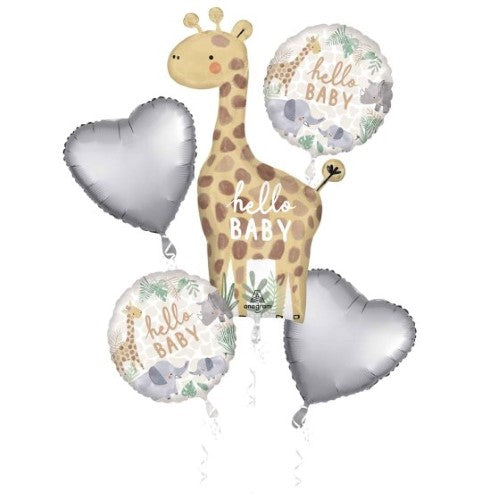 Set of 5 self-sealing foil balloons featuring jungle baby theme with 1 shaped and 4 standard 45cm balloons.
