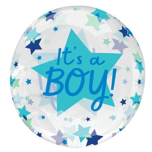 Self-sealing stretchy balloon featuring bright stars, celebrating the arrival of a baby boy, inflates to 45-50cm.