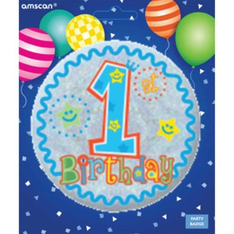 Vibrant 'Happy 1st Birthday Boy' badge, perfect for celebrating your little one's milestone with style and charm.