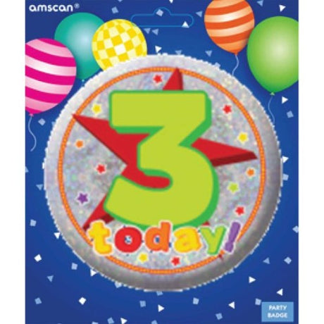 Vibrant 'Badge Happy 3rd Birthday' badge, perfect for celebrating your child's 3rd birthday with style and fun.