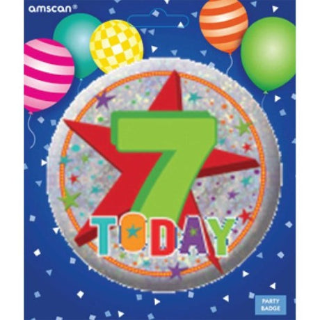 Vibrant Badge Happy 7th Birthday, perfect accessory for birthday celebrations with bright colors and fun graphics.