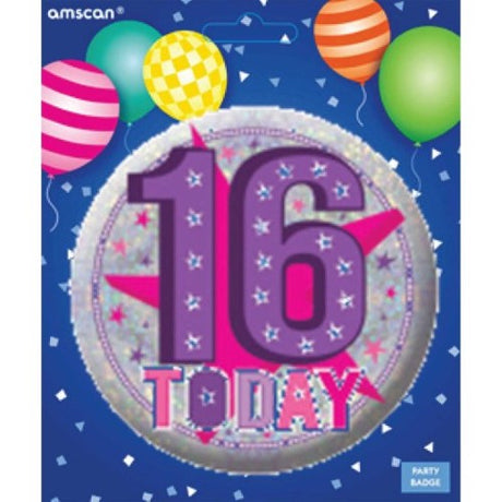 Vibrant badge celebrating 16th birthday, perfect for parties; lightweight and easy to wear for a special day.