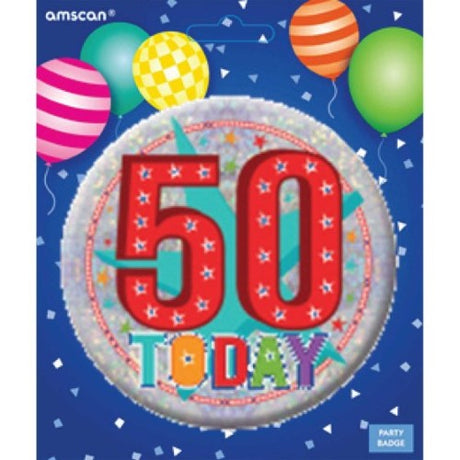 Large vibrant badge celebrating a 50th birthday, perfect for parties and special occasions.