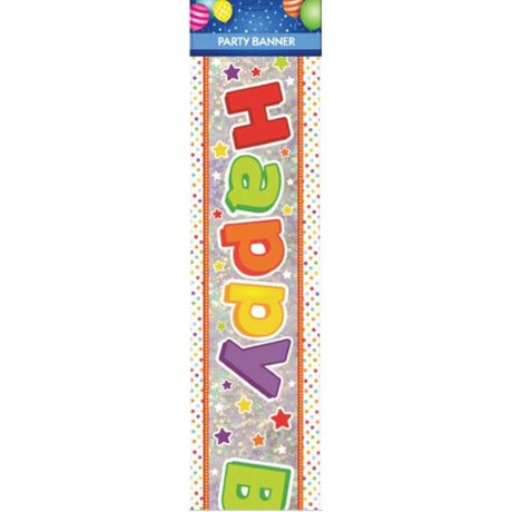 Customizable Happy Birthday banner with age, vibrant design for memorable celebrations and photo backdrops.
