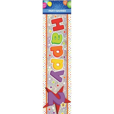 Vibrant 'Happy 2nd Birthday' banner, perfect for colorful birthday celebrations and versatile for any party theme.