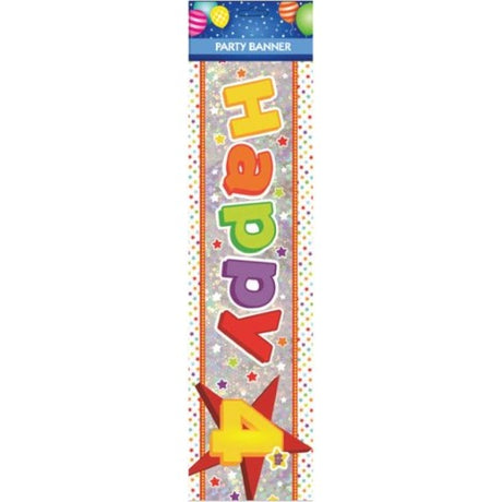 Vibrant 'Happy 4th Birthday' banner in bold colors, perfect for celebrating a child's special day with cheerful décor.