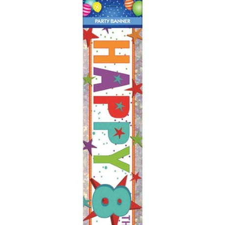 Vibrant 'Happy 8th Birthday' banner with colorful graphics, perfect for festive indoor or outdoor celebrations.