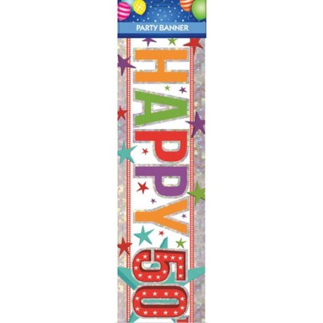 Vibrant multi-colored 'Happy 50th Birthday' banner, perfect for festive celebrations and durable for indoor/outdoor use.