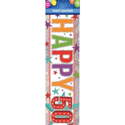 Vibrant multi-colored 'Happy 50th Birthday' banner, perfect for festive celebrations and durable for indoor/outdoor use.
