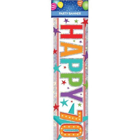 Vibrant Multi Happy 70th Birthday banner, 13cm x 2.7m, perfect for indoor and outdoor celebrations, featuring a cheerful design.