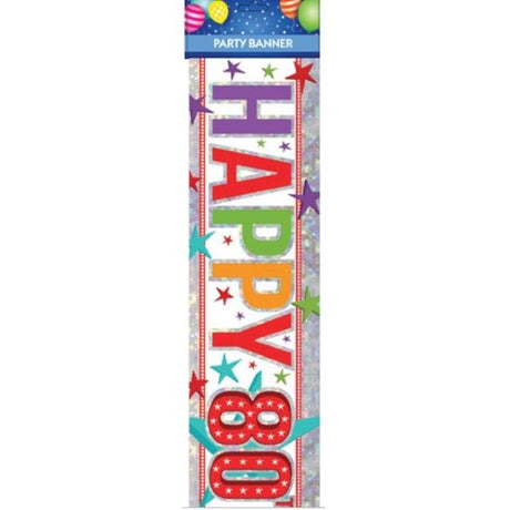 Vibrant Multi Happy 80th Birthday banner, featuring colorful designs and playful fonts for festive indoor and outdoor celebrations.