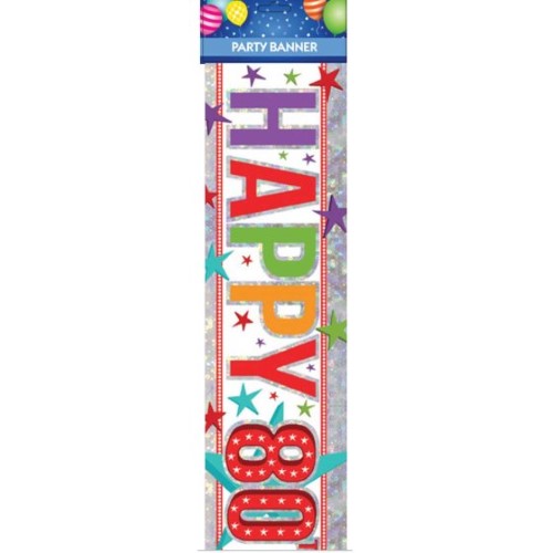 Vibrant Multi Happy 80th Birthday banner, featuring colorful designs and playful fonts for festive indoor and outdoor celebrations.