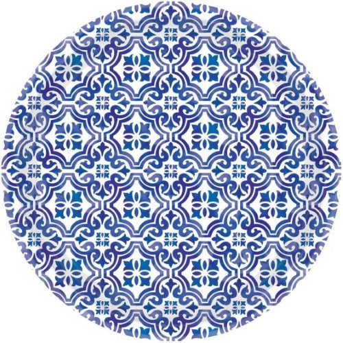 Pack of 8 eco-friendly 17cm Mediterranean paper plates, perfect for appetizers and desserts at any event.