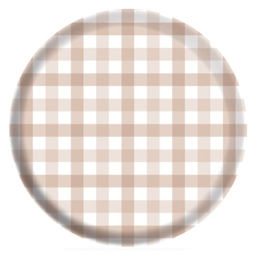 Set of 4 Gingham Melamine Plates in White Sand, perfect for stylish outdoor dining and easy cleanup.