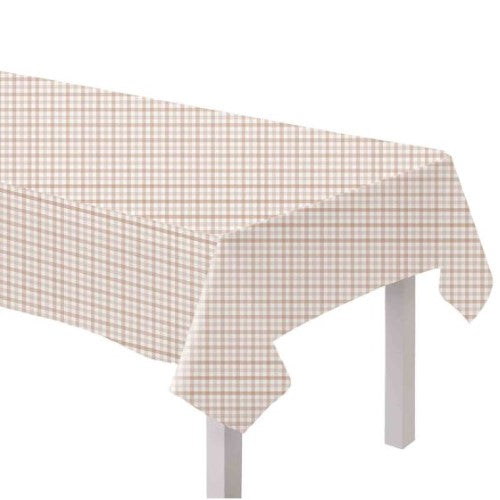 Gingham Paper Tablecover in White Sand, 1.37m x 2.7m, eco-friendly, perfect for picnics and events, stylish and practical.
