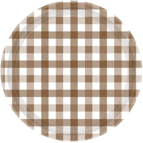Gingham 17cm Teddy Brown paper plates, eco-friendly and stylish, perfect for any party or gathering, pack of 8.
