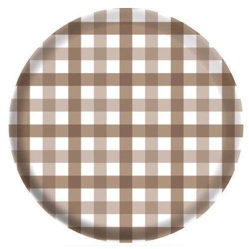 Set of 4 Teddy Brown Gingham Melamine Plates, stylish, durable, shatter-resistant, perfect for indoor and outdoor dining.