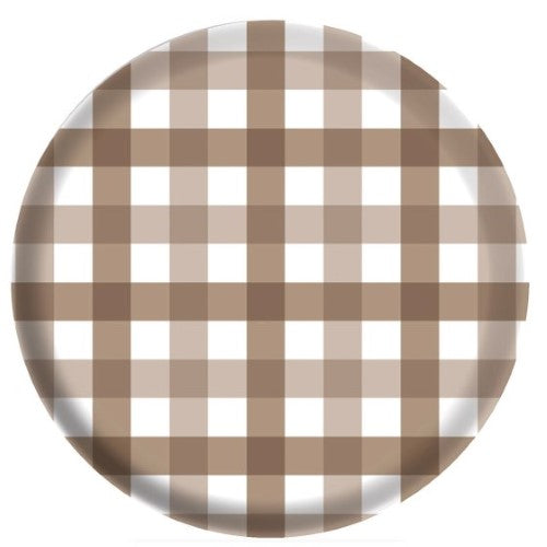 Set of 4 Teddy Brown melamine plates with gingham pattern, perfect for stylish indoor and outdoor dining.