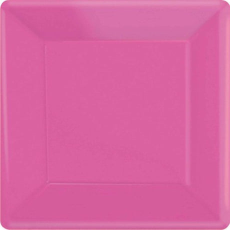 Bright pink 23cm square paper plates, pack of 20, eco-friendly and perfect for parties and picnics.