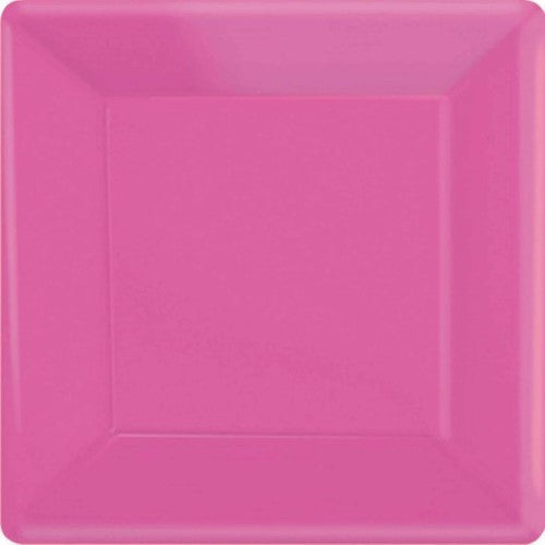 Bright pink 23cm square paper plates, pack of 20, eco-friendly and perfect for parties and picnics.