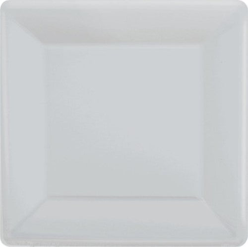 Silver 23cm square paper plates pack of 20, perfect for elegant gatherings and eco-friendly dining.
