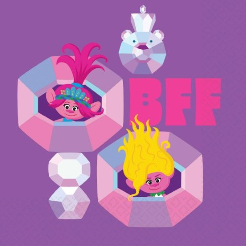 Vibrant Trolls 3 lunch napkins featuring favorite characters, perfect for parties and eco-friendly celebrations. Pack of 16.