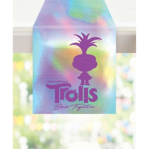 Vibrant Trolls 3 Band Together fabric table runner, perfect for parties and everyday use, featuring beloved characters.