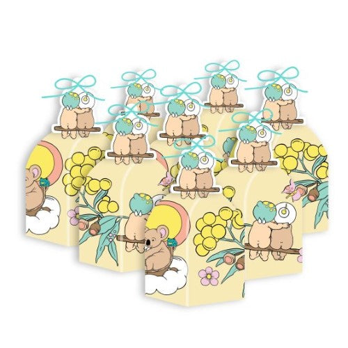 Set of 8 eco-friendly May Gibbs treat boxes with whimsical designs, perfect for sweets and gifts at celebrations.
