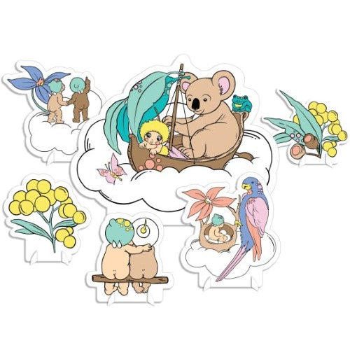 Charming May Gibbs Table Decorating Kit with 6 unique, eco-friendly designs showcasing Australian flora and fauna.