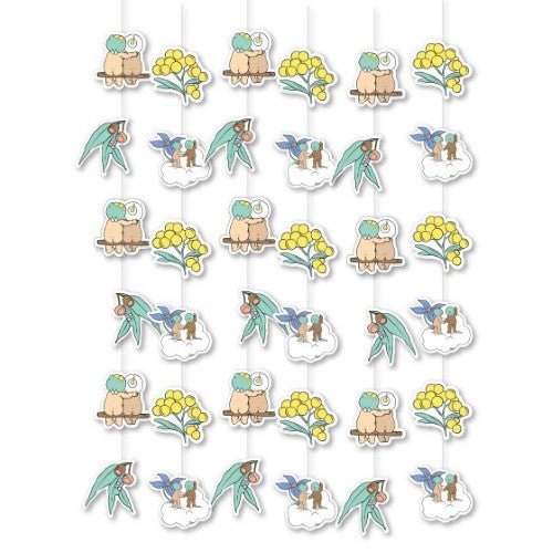 Enchanting May Gibbs Hanging String Decoration pack of 6, 100cm eco-friendly designs for festive and whimsical decor.