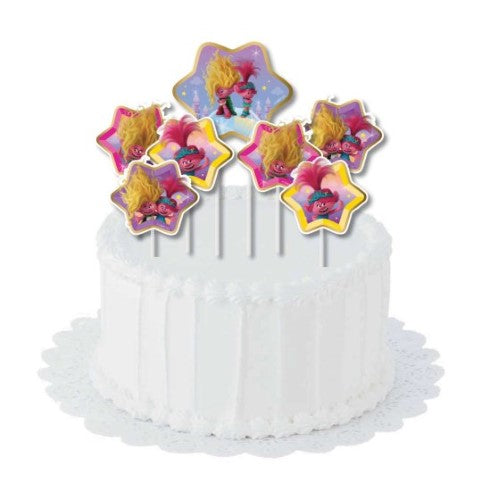 Trolls 3 cake decorating kit with 6 colorful toppers and 1 centerpiece, perfect for birthday parties and themed events.